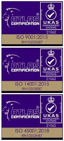 Atlas IMS Certification UKAS Management Systems Logos, three logos stacked vertically for ISO 9001:2015 RH10353Q87, ISO 14001:2015 RH10353E87, ISO 45001:2018 RH10353H87 respectively
