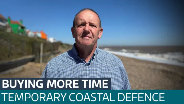 Image of man on beach with text "BUYING MORE TIME - TEMPORARY COASTAL DEFENCE" from ITV News